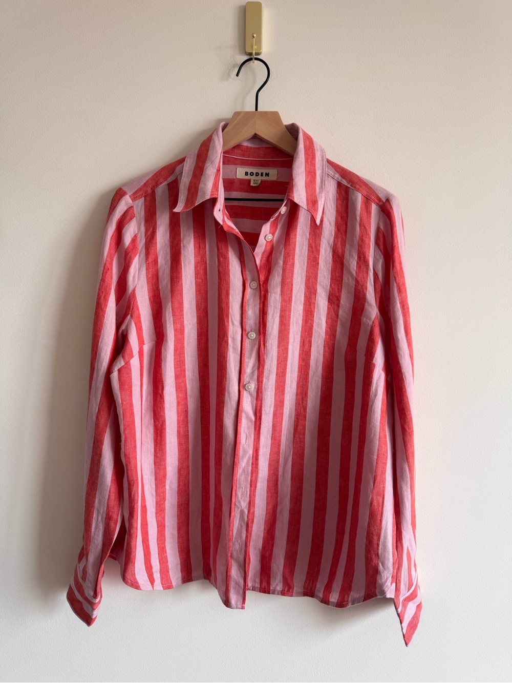 Boden | 100% Linen Pink and Berry Striped Button-Down Shirt ~ US 12R - Picture 2 of 6